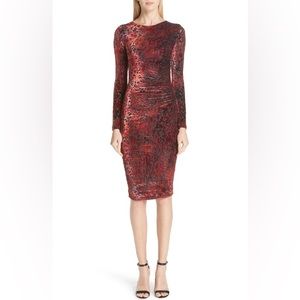 FUZZI Velvet Ruched Side Long Sleeve Midi Dress Black Red Size Large